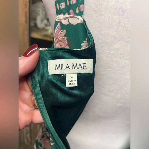 Mila Mae Green Peach Floral Sleeveless Dress Ruffle Hem Size L - Picture 6 of 8